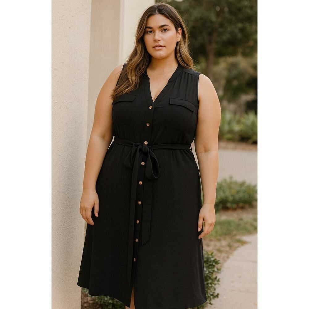 Black Sleeveless Midi Shirt Dress Croft & Barrow Belted Button Front Size XXL